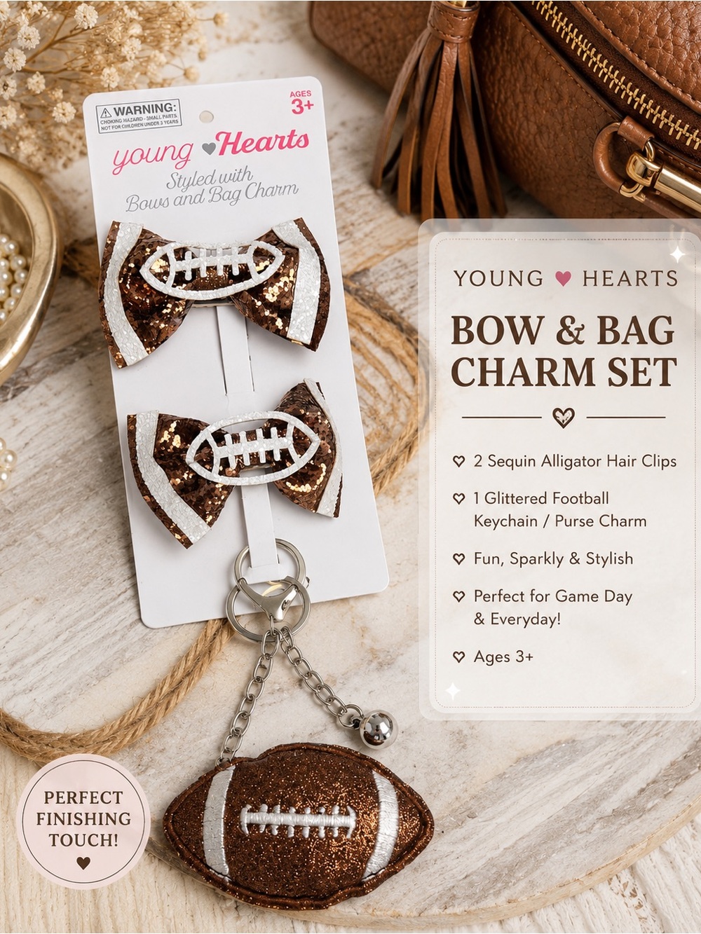 Young Hearts Brown Sequin Football Hair clips & Bag Charm Set